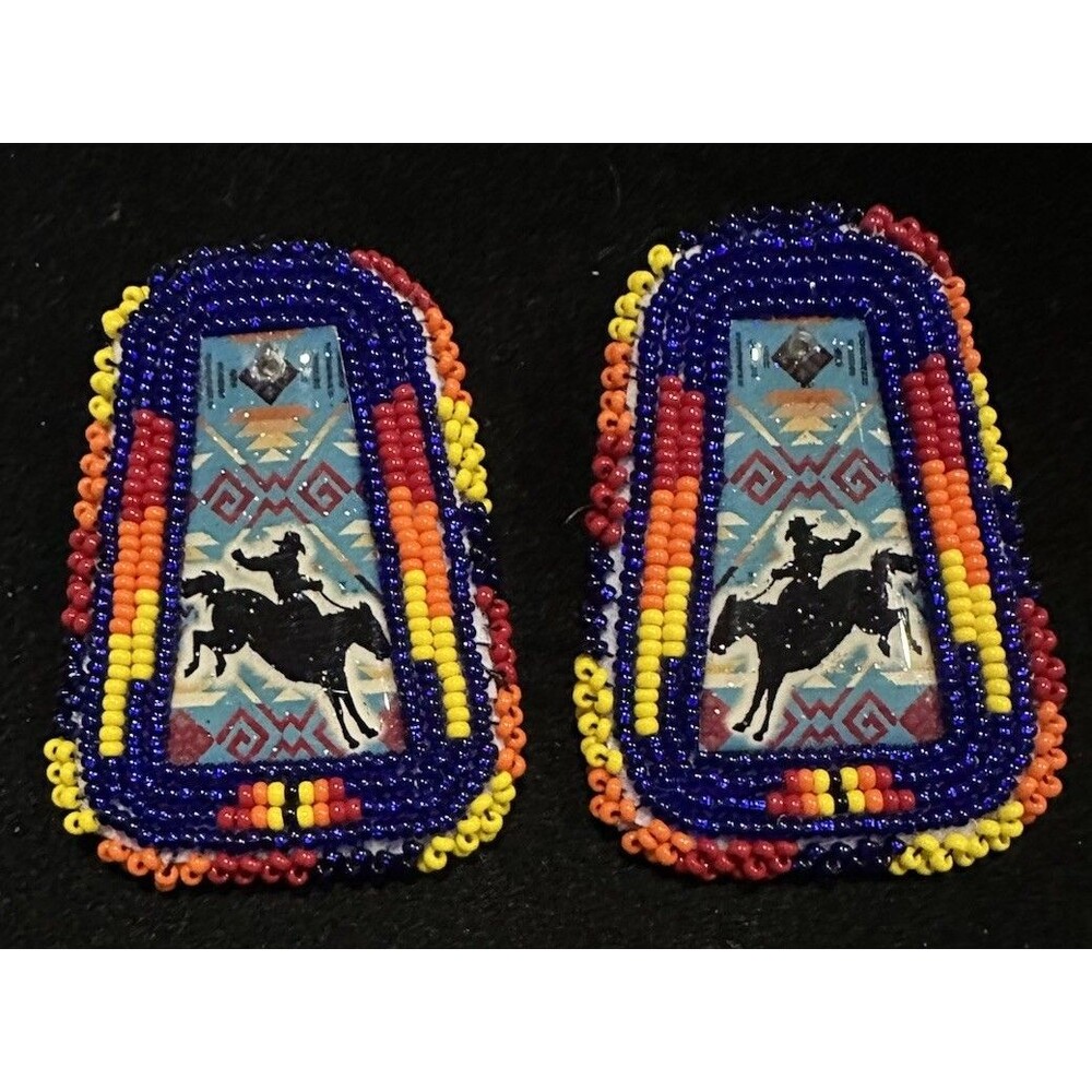 HUGE Handmade Beaded Orange Blue Cowboy Statement Earrings Indigenous Art